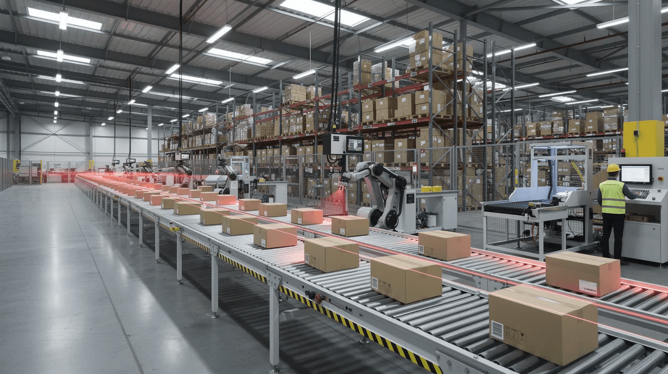 The image depicts a modern warehouse filled with automated machinery and conveyor belts efficiently processing packages, showcasing the advanced technology involved in the mailing process. This facility is designed to handle high volumes of business mail, ensuring reliable delivery for important documents and letters.