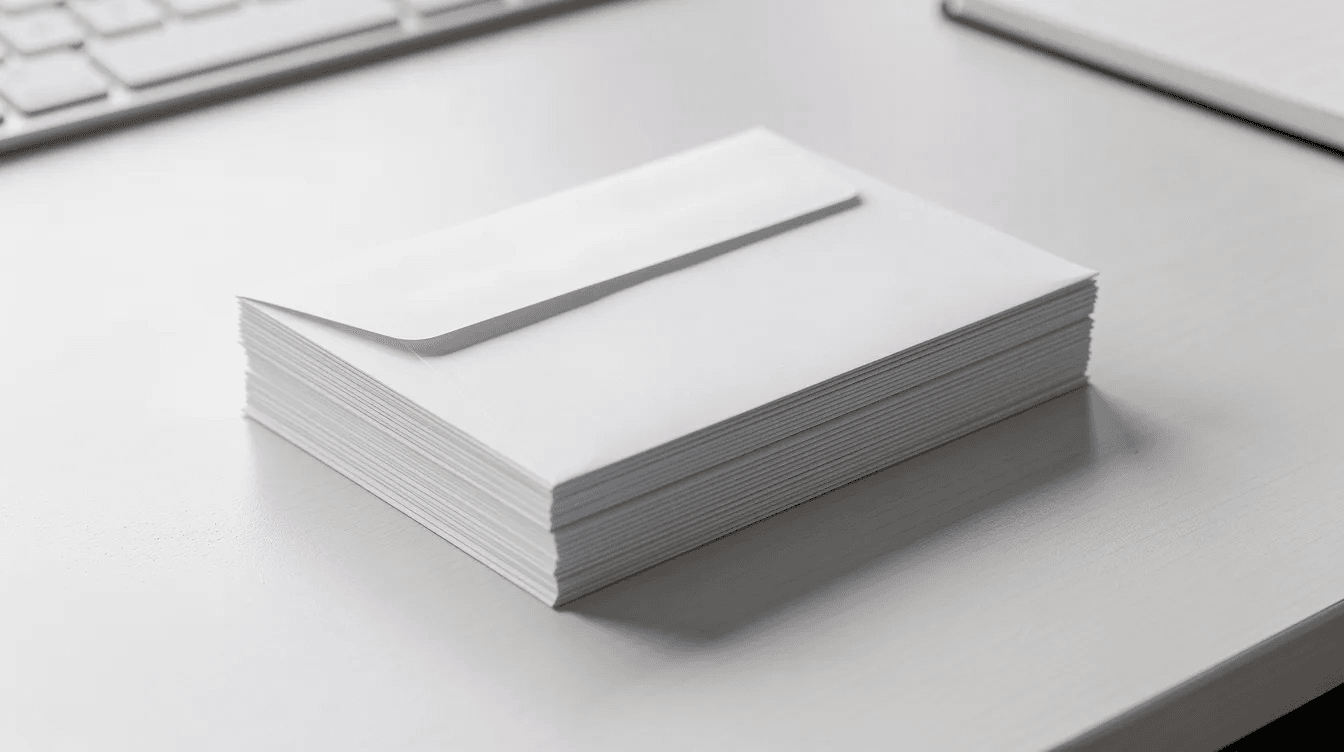 The image shows a tidy arrangement of white business envelopes stacked neatly on an office table, ready for the mailing process. These envelopes are ideal for sending important mail, such as invoices or documents, through services like first class mail or priority mail.