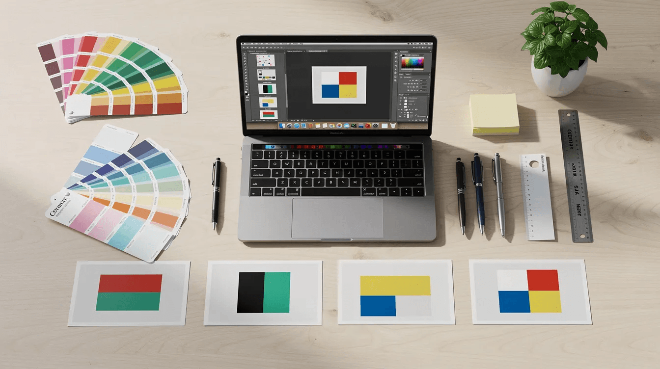 The image depicts a designer workspace featuring printed postcard mockups, vibrant color swatches, and a laptop displaying a design tool, illustrating a creative environment focused on developing marketing strategies and enhancing brand identity. This setup highlights the importance of visual elements in digital marketing and engaging prospective customers.