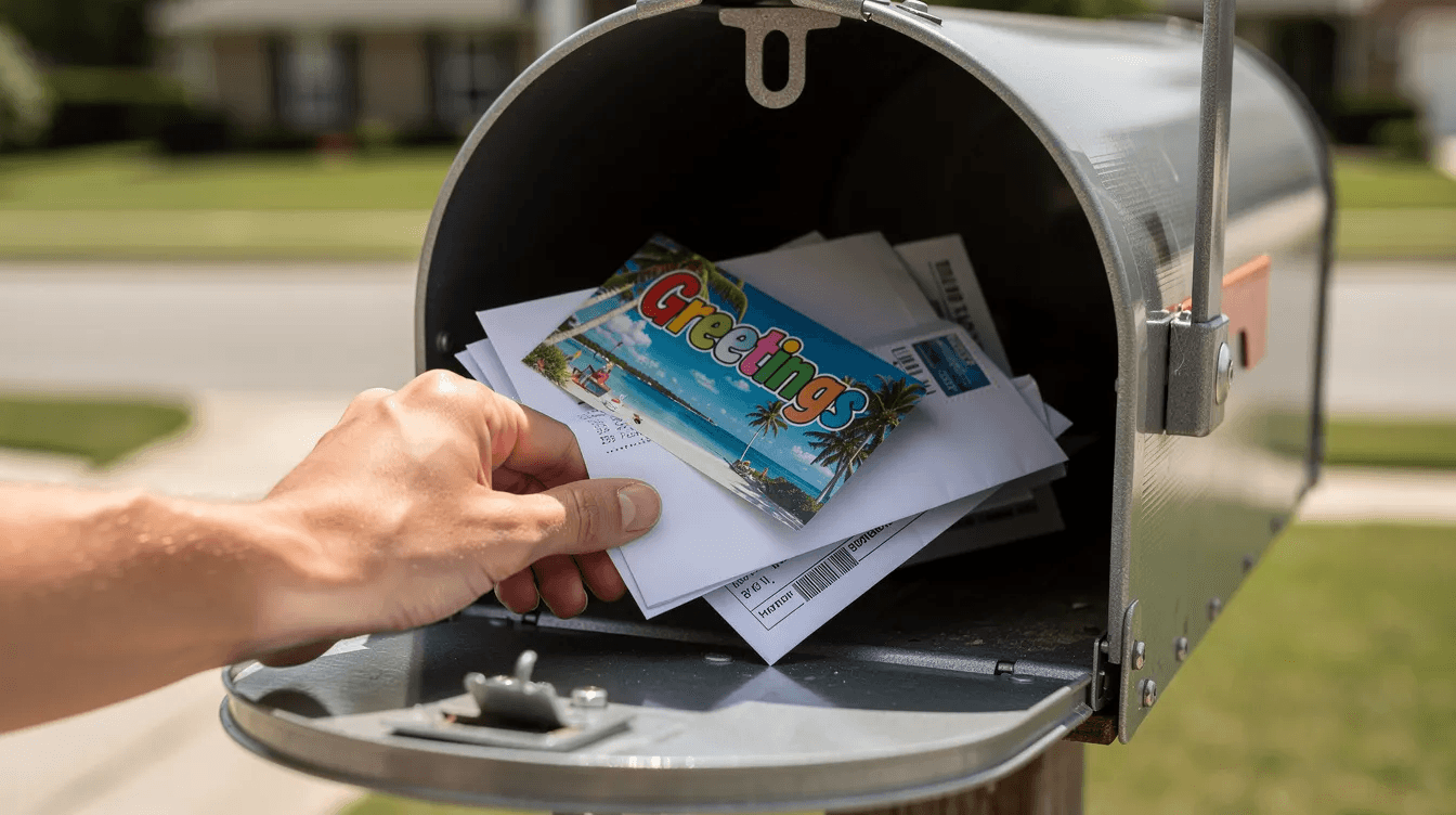 A person is opening their home mailbox and discovering a vibrant postcard among the usual letters, which could serve as a marketing strategy to engage prospective customers and enhance brand loyalty. The colorful design of the postcard suggests a creative approach to advertising and promoting services or products.