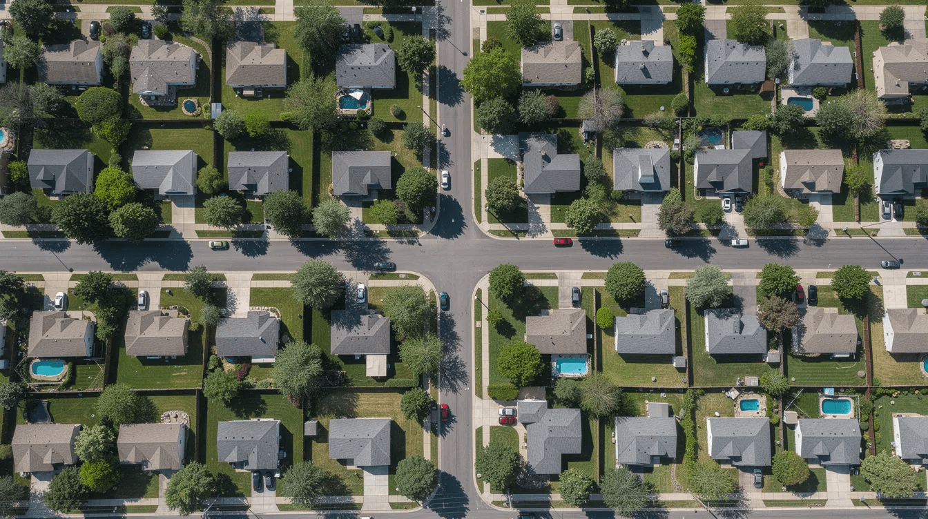 An aerial view of a sunny suburban neighborhood showcases uniform houses with manicured lawns and tree-lined streets, creating a serene atmosphere. This picturesque scene reflects the ideal setting for home services marketing campaigns targeting new homeowners and local residents through direct mail postcards.