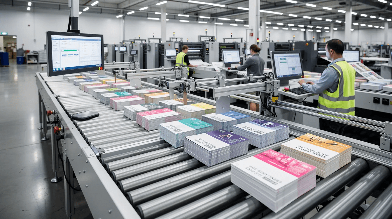 The image shows direct mail postcards being sorted on a production line in a modern print facility, highlighting the efficient process of on-demand production. This setup emphasizes the print quality and speed that print providers offer to meet customer orders for various demand products.