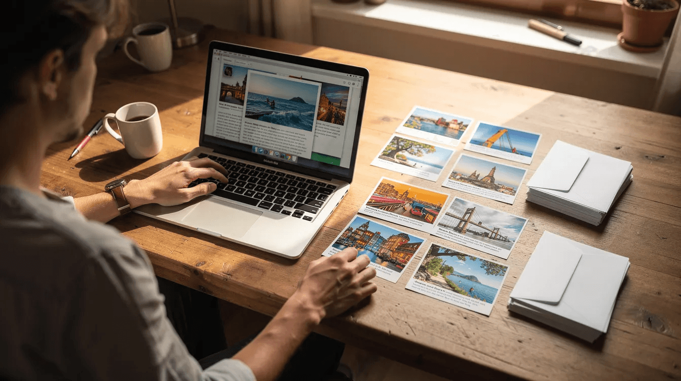 An individual is seated at a desk, working on a laptop, with an assortment of printed postcards and envelopes arranged beside them. This scene reflects the mailing process often used by nonprofit organizations to fulfill vital missions through direct mail campaigns and fundraising appeals.