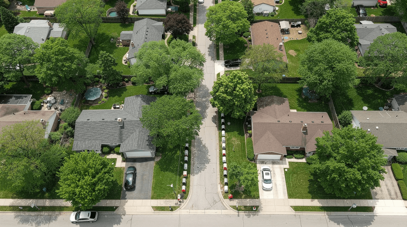 An aerial view of a suburban neighborhood showcases tree-lined streets with neatly arranged mailboxes along the sidewalks, highlighting the importance of reliable mail delivery and the role of the postal service in connecting communities. This scene reflects the everyday interactions with first class mail and nonprofit mailers that help organizations fulfill their vital missions.